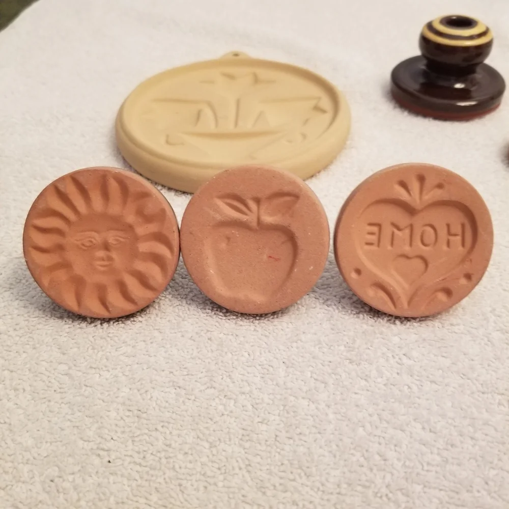 Lot Of 7 Clay Cookie Molds. Assorted Shapes Apple, Sun, Home, Flower